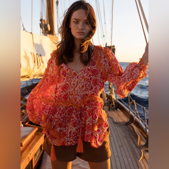 Miss June Paris Lurex Myko Long Sleeve Blouse Fuschia Orange Boho gorgeous! 742 - Picture 4 of 16